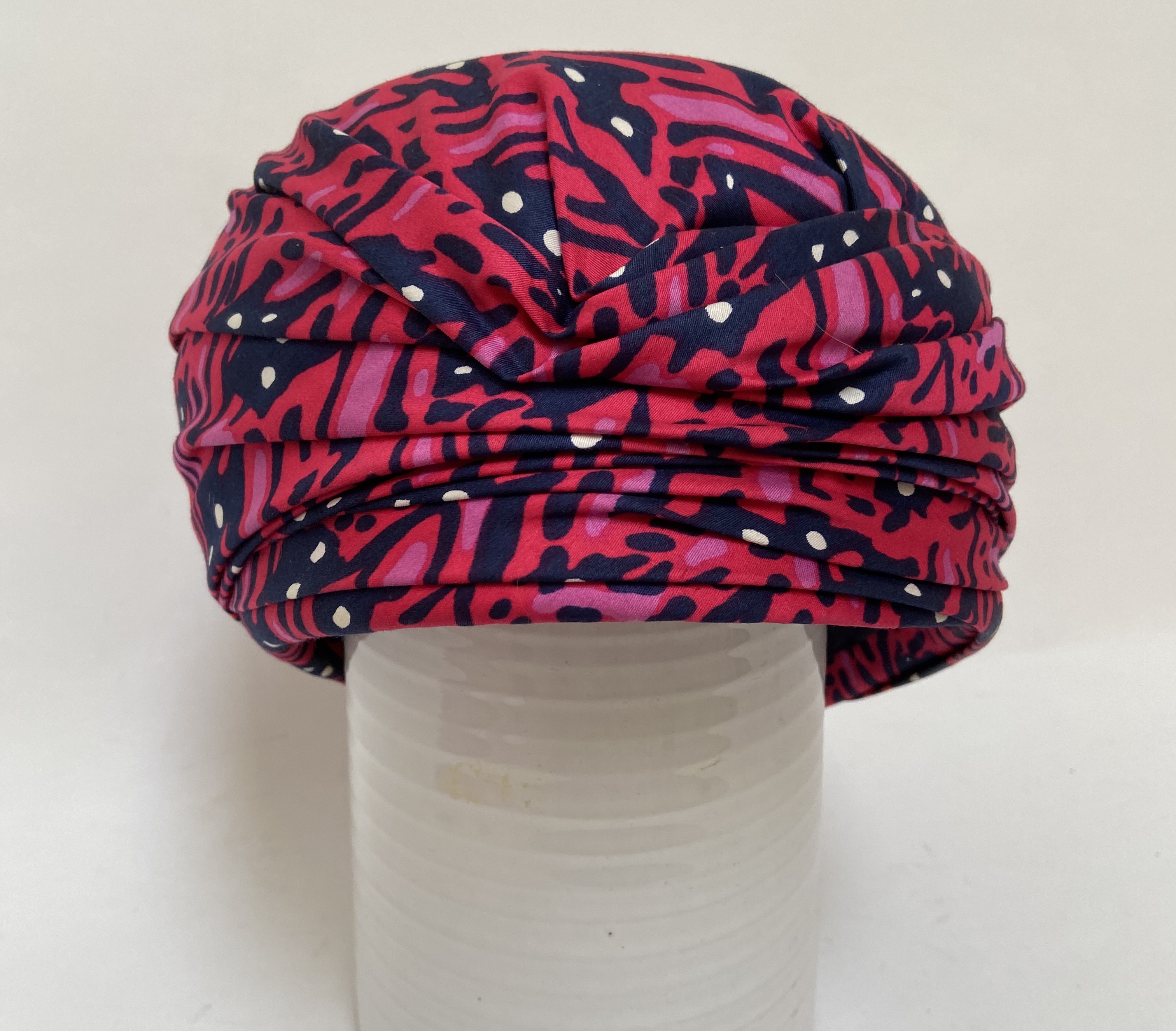 Colorful print pleated pillbox turban hat 1960s