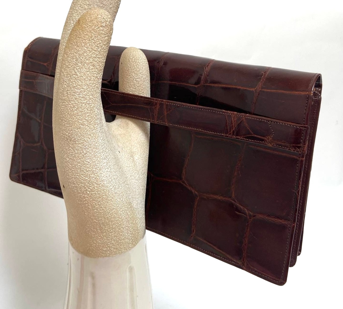 1930s enveloppe tas bruin reptiel preeg