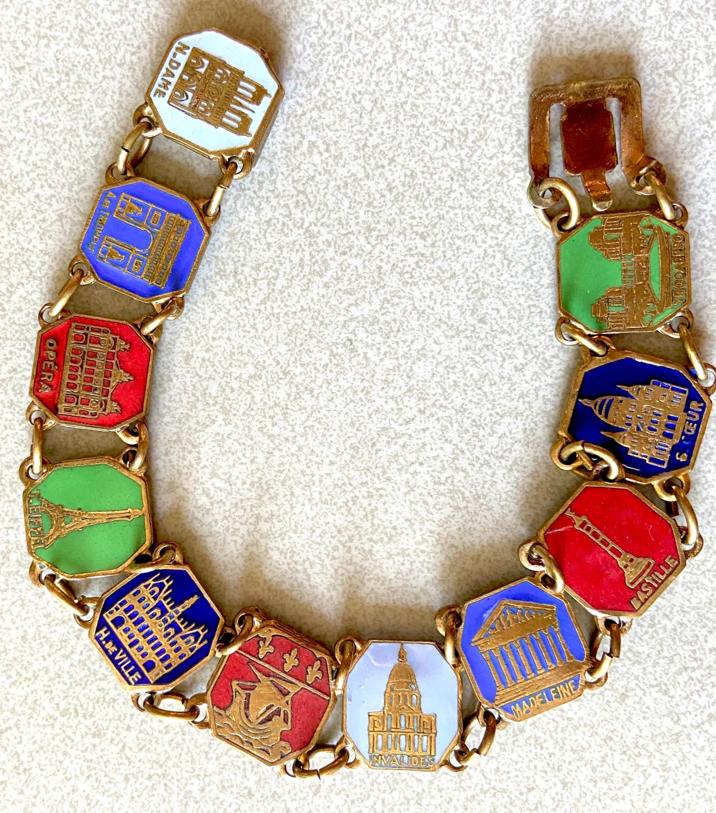 Souvenir armband Paris koper geëmaileerde schakels met kleur uit de jaren 30