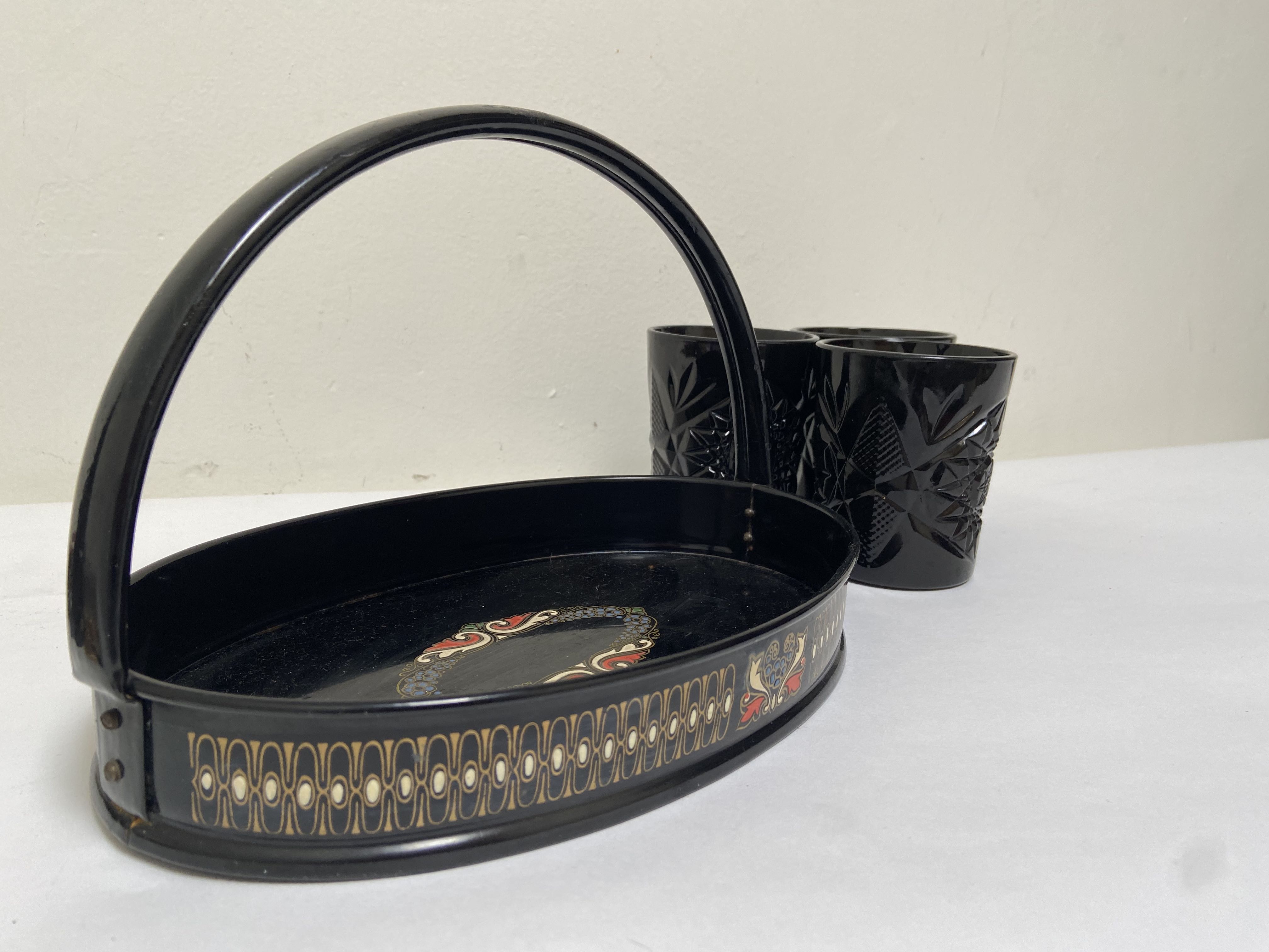 Toleware zwart metalen dienblad vintage jaren 30