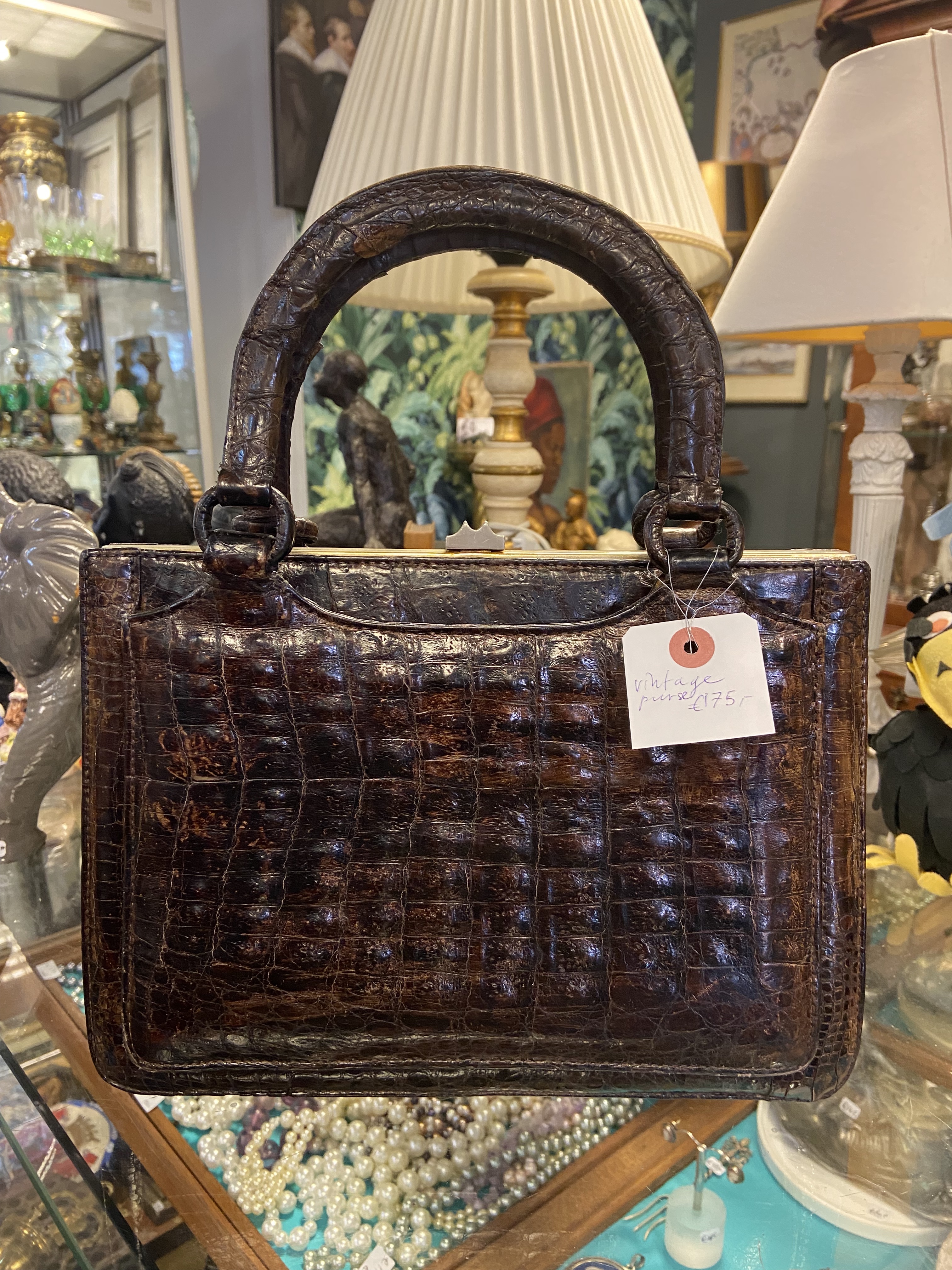 Handtas in bruin kroko leer uit de zeventiger jaren